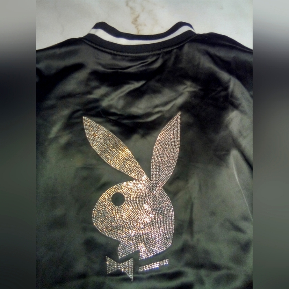 Black Satin Playboy Jacket, FREE Satin Cap W/Purchase, New